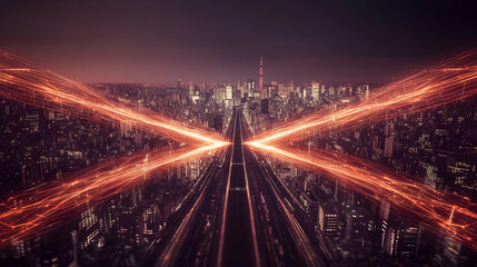 Fototapeta premium Abstract Cityscape with Orange Light Trails Converging on a Highway at Night