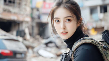 Fototapeta premium Chinese special force woman in tactical gear at ruins of buildings in conflict area