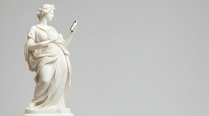 Classical statue holding smartphone, grey background, technology meets antiquity, website banner