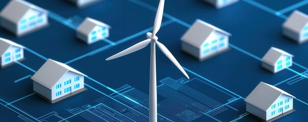 clean energy wind management Concept. Wind turbine surrounded by miniature houses on a digital blue grid background.