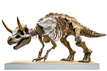 Fototapeta premium Fossilized dinosaur skeleton displayed in natural history museum exhibit isolated on transparent background