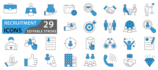 Recruitment icon set. Headhunting, career, resume, job hiring, candidate and human resource icons.