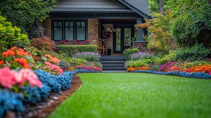 House with vibrant, colorful flower garden.