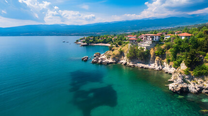 Coastal village aerial view, turquoise sea, summer day, mountains background; perfect for travel brochures