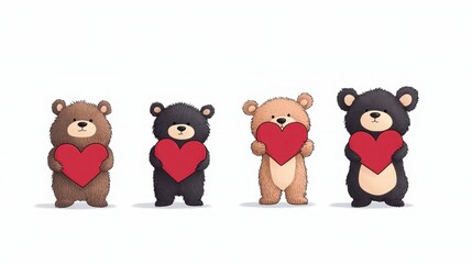 Naklejka premium Four adorable cartoon bears of different colors holding large red hearts, conveying love and affection in a playful and charming illustration perfect for various themes.