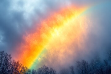 Naklejka premium Misty sky, vibrant rainbow, bare trees.