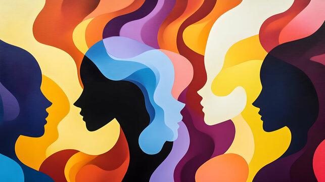 Colorful abstract women profiles, vibrant background, diversity, social unity concept, ideal for diversity campaign