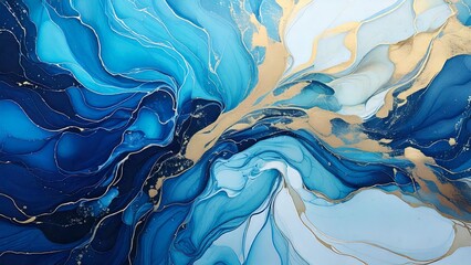 高級感のある水彩風背景イラスト アルコールインクアート チラシ・Web・動画背景素材16:9サイズ 水色 ブルー ゴールド AI生成素材