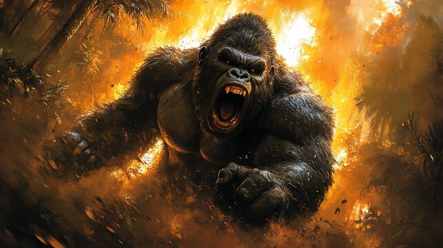 Furious gorilla charging, jungle fire backdrop, action scene, movie poster