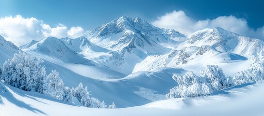 Fototapeta premium Snowy mountain range winter landscape; sunny day, clouds, frost-covered trees; travel poster