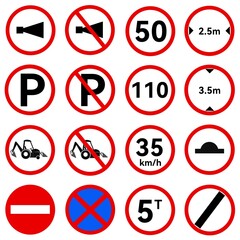 A partial collection of road signs used in Malaysia. Warning, prohibition, mandatory and information signs. Vector illustration