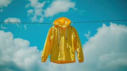 Fototapeta premium Bright Yellow Rain Jacket Hanging against a Blue Sky with Clouds on a Clothesline in a Fresh Atmosphere