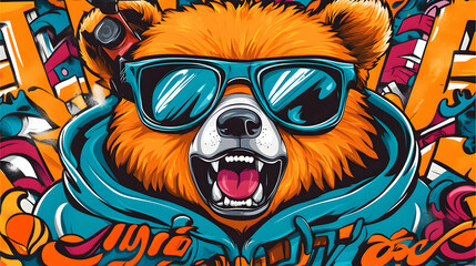 Fototapeta premium Cool bear in sunglasses, urban graffiti background, winter sports action, apparel design