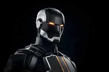 Naklejka premium 3D Rendered Futuristic Robot with Glowing Eyes and Sleek Armor Stands against a Dark Background