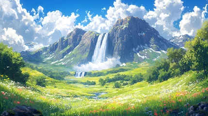 Selbstklebende Fototapeten Serene Mountain Valley Waterfall Landscape With Blooming Wildflowers © transparan