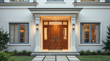 Fototapeta premium Elegant Home Entrance: Modern Architecture and Classic Design. Luxurious Real Estate Property with Grand Facade and Landscaping