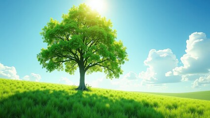 Obraz premium A solitary tree stands majestically atop a lush green hill under a radiant sun, its silhouette framed by the azure sky above