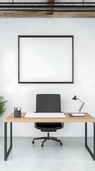 Modern office interior design features a desk, chair, lamp, and blank frame for mockup placement.