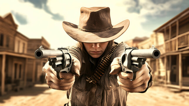 Cowgirl dual wielding revolvers, Wild West town background, action shot, western movie poster