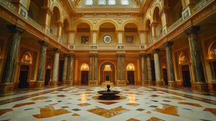 Obraz premium Elegant Interior of a Grand Hall with Central Fountain and Luxurious Decor