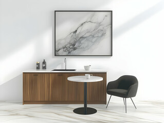 Modern Minimalist Kitchen Design Showcases Sleek Cabinets, Marble Countertop, and Stylish Chair