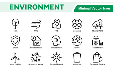 Environment Icon Set. A vibrant collection of icons promoting sustainability and eco-friendliness, environmental awareness and conservation efforts.