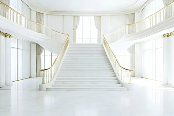 Fototapeta premium Grand White Marble Staircase Ascends Elegantly in Luxurious Interior with Gold Accents and Soft Natural Light