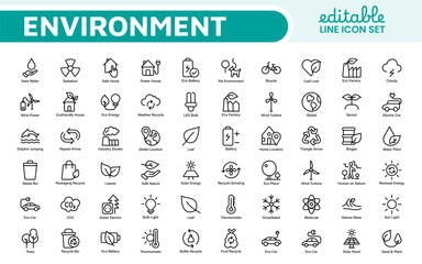 Environment Icon Set. A vibrant collection of icons promoting sustainability and eco-friendliness, environmental awareness and conservation efforts.