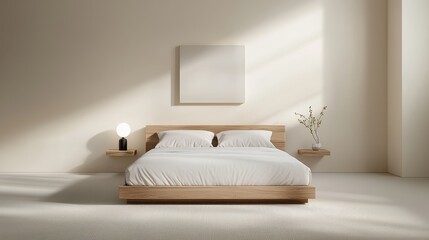 Modern minimalist bedroom interior featuring a stylish wooden bed, soft linens, ambient lighting, and serene color palette, ideal for interior design inspiration and decor ideas.