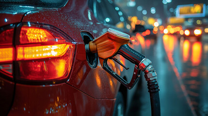 A close-up of a black gasoline injector fueling pure oil or fuel in a bright-toned, modern setting with blurred background and empty blank space for caption showcasing a sense of chaos

