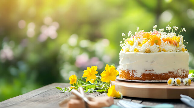 Delicious floral cake on wooden table outdoors, sunny garden background; perfect for bakery or celebration advertising