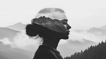 profile of woman with double exposure nature overlay mountain and cloudy background is serene and peaceful