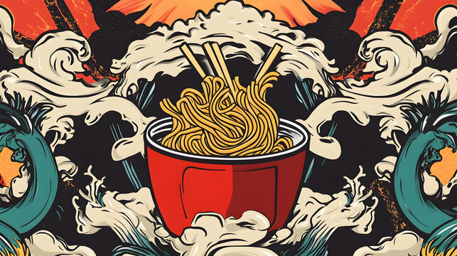 Delicious ramen noodles in bowl, Japanese wave background, ocean scene, food illustration, menu design