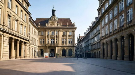Obraz premium Deserted European city square, historical building, sunny morning, cobblestone street, travel destination