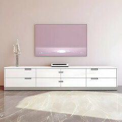 Modern Living Room Interior with TV on White Cabinet and Marble Floor, Decorated with Vase