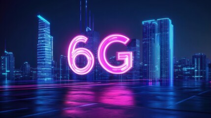 The neon-lit city features a prominent "6G" symbol, symbolizing advanced technology and connectivity.