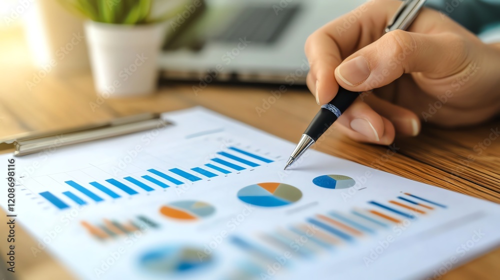 Poster analyzing business data with graphs and charts in a modern workspace during daylight hours