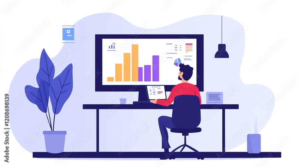 Poster man analyzing data on a computer screen with colorful graphs at a modern workspace in a bright setti