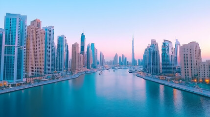 Obraz premium Dubai Marina sunrise cityscape, tranquil waters, modern skyscrapers, boats, dawn light, travel tourism