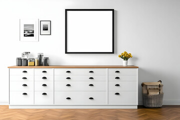 Modern white sideboard with black frame mockup, yellow tulips, and storage jars in a minimalist interior.