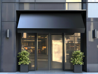 Modern Storefront with Black Awning and Glass Doors Features Green Plants in Stylish Building.