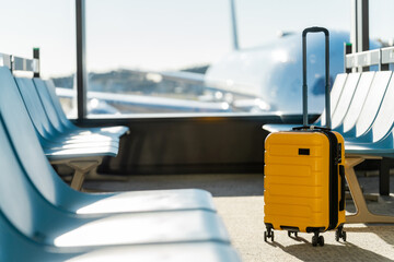 Travel, The suitcases in an empty airport hall, traveler cases in the departure airport terminal waiting for the area, vacation concept, blank space for text message or design, luggage for travel.
