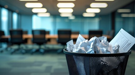 trash bin filled with crumpled papers representing failure in business ideas and the journey of refining concepts teamwork and problem-solving in modern office spaces fostering innovation








