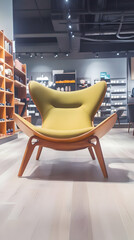 Modern Green Upholstered Chair with Wooden Frame in a Furniture Store Showroom Display
