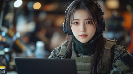 Korean woman in military uniform and headset working with a laptop at control room