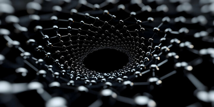 Abstract 3D Render of a Dark Metallic Molecular Structure Tunnel with Reflective Spheres - Powered by Adobe