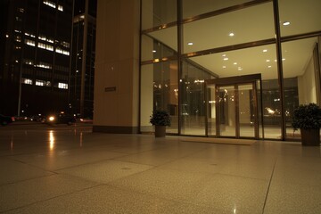 Modern Urban Building Entrance at Night with Glass Facade and Warm Lighting, Featuring Polished Stone Floor and Lush Potted Plants