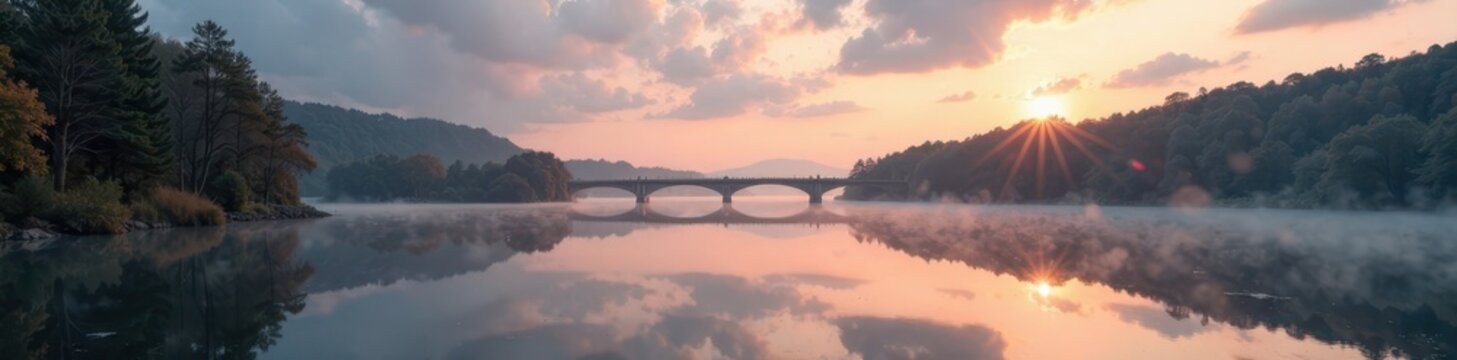 Morgenstimmung am See mit bew?lktem Himmel und Steg, bridge, mist