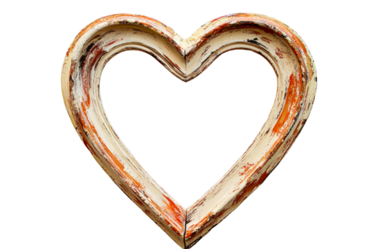 Heart-shaped wooden frame with rustic finish isolated on transparent background