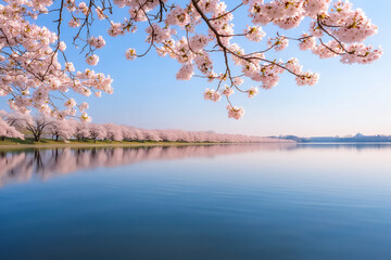 Fototapeta premium panoramic cherry blossom lake view